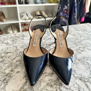Manolo Blahnik Navy Patent Leather Slingback Pumps